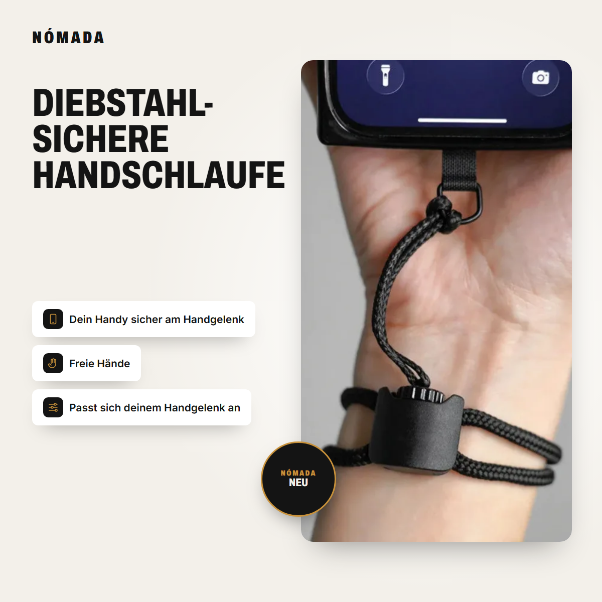 Diebstahlsichere Handschlaufe von Nómada, das Handy am Handgelenk gesichert