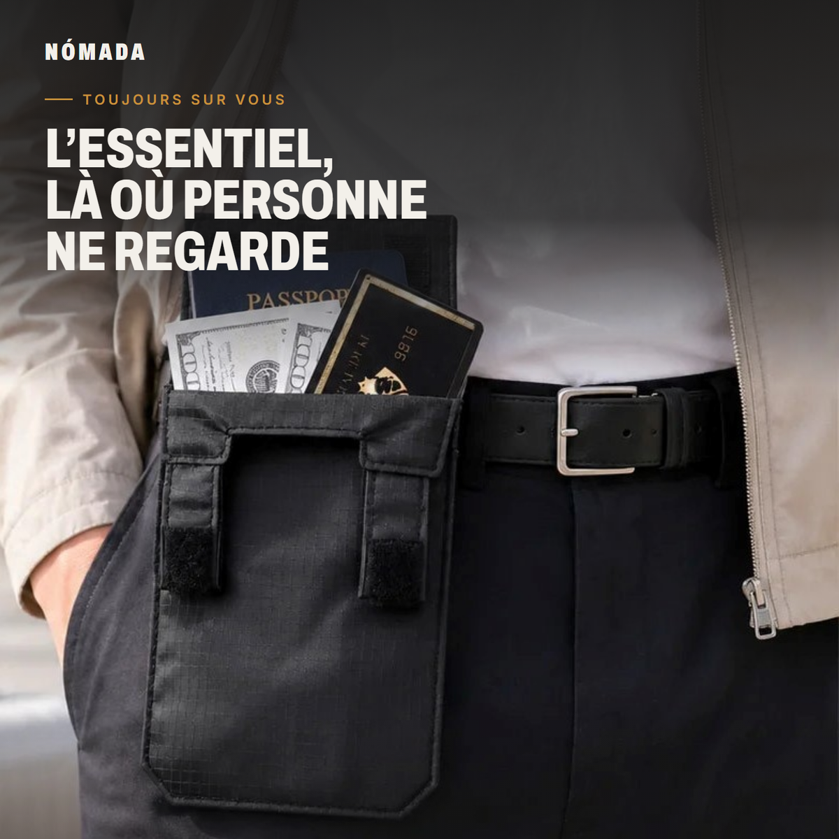 Portefeuille Nómada attaché à la ceinture avec passeport, billets et carte