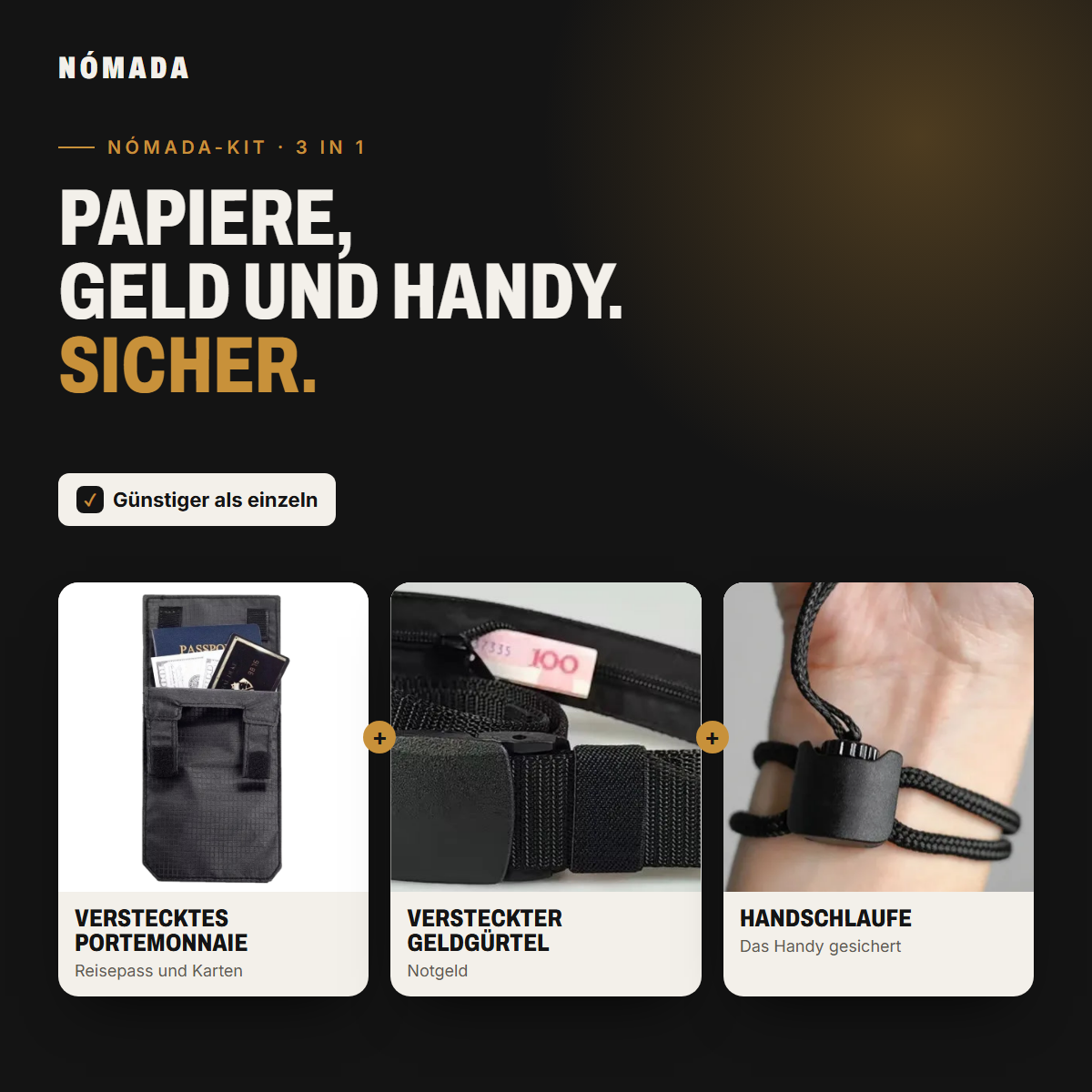 Nómada-Kit: verstecktes Portemonnaie, Geldgürtel und Handschlaufe