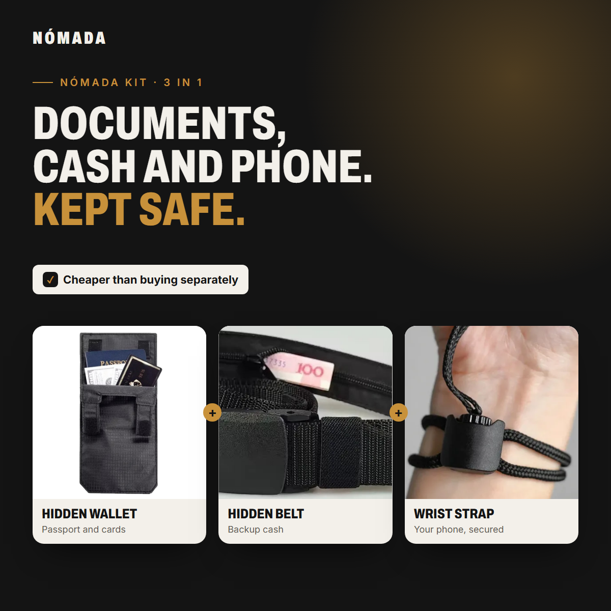 Nómada Kit: hidden wallet, hidden belt and wrist strap