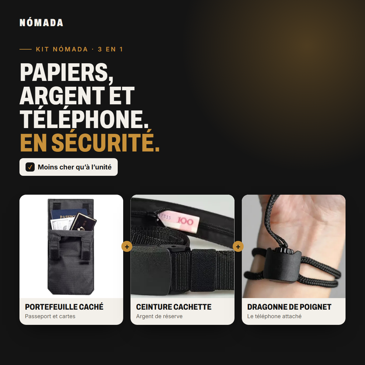 Kit Nómada : portefeuille caché, ceinture cachette et dragonne de poignet