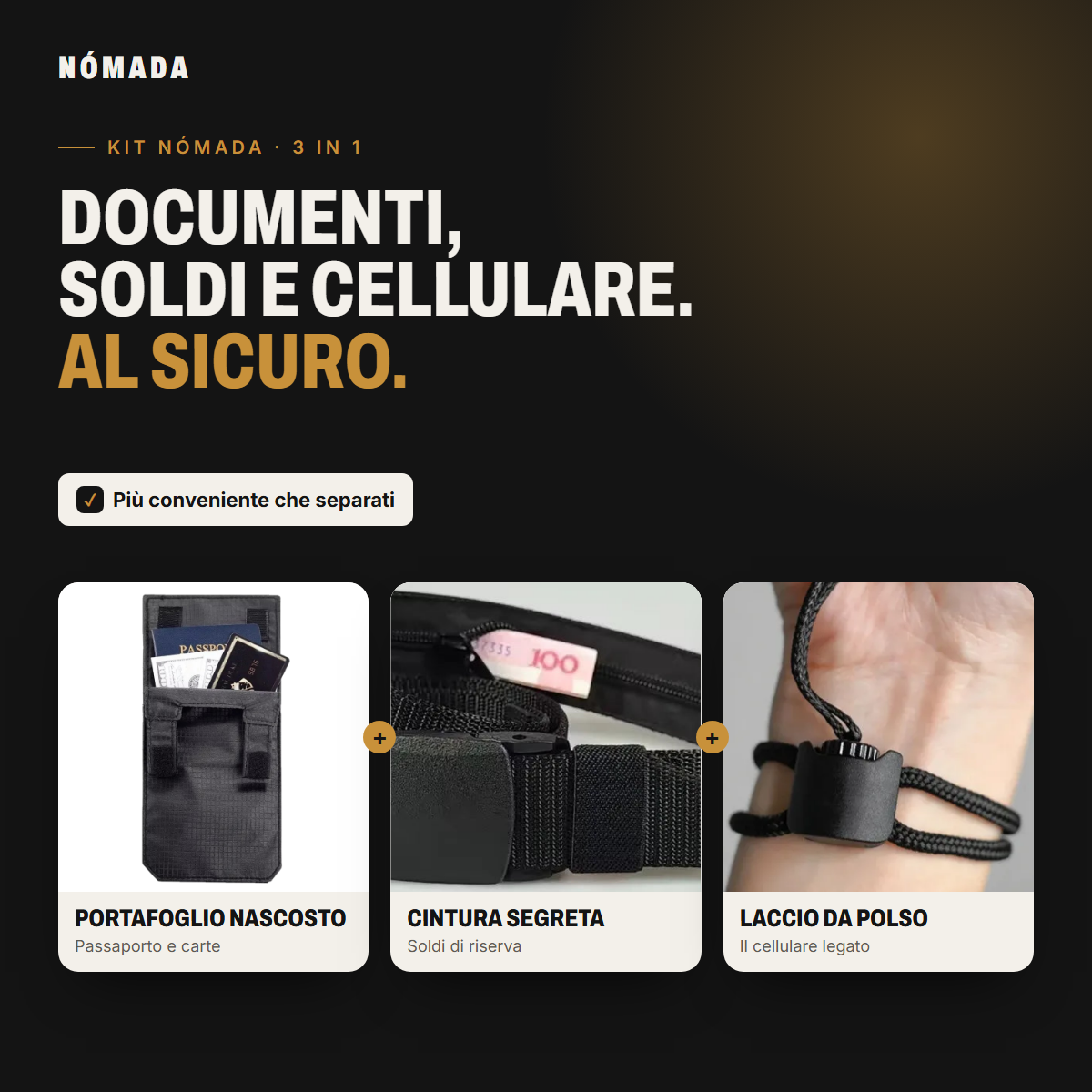 Kit Nómada: portafoglio nascosto, cintura segreta e laccio da polso