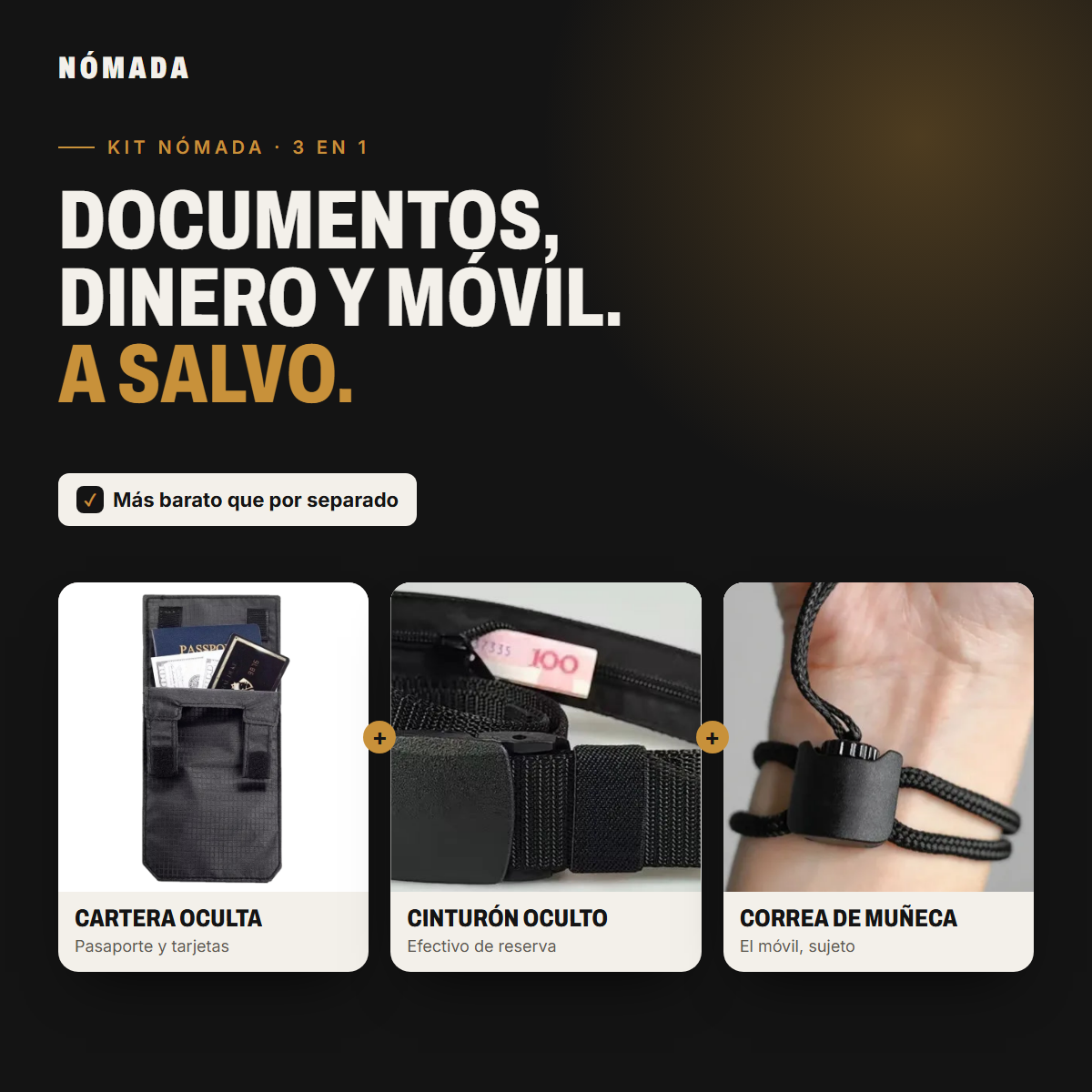Kit Nómada: cartera oculta, cinturón oculto y correa de muñeca