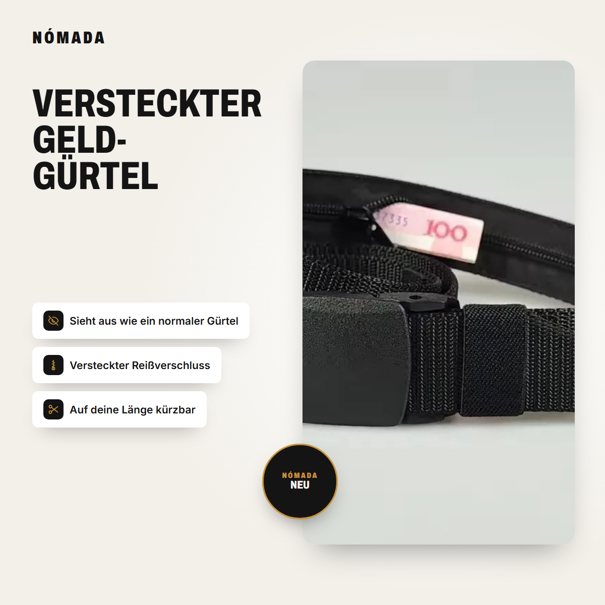 Versteckter Geldgürtel Nómada mit Diebstahlschutz