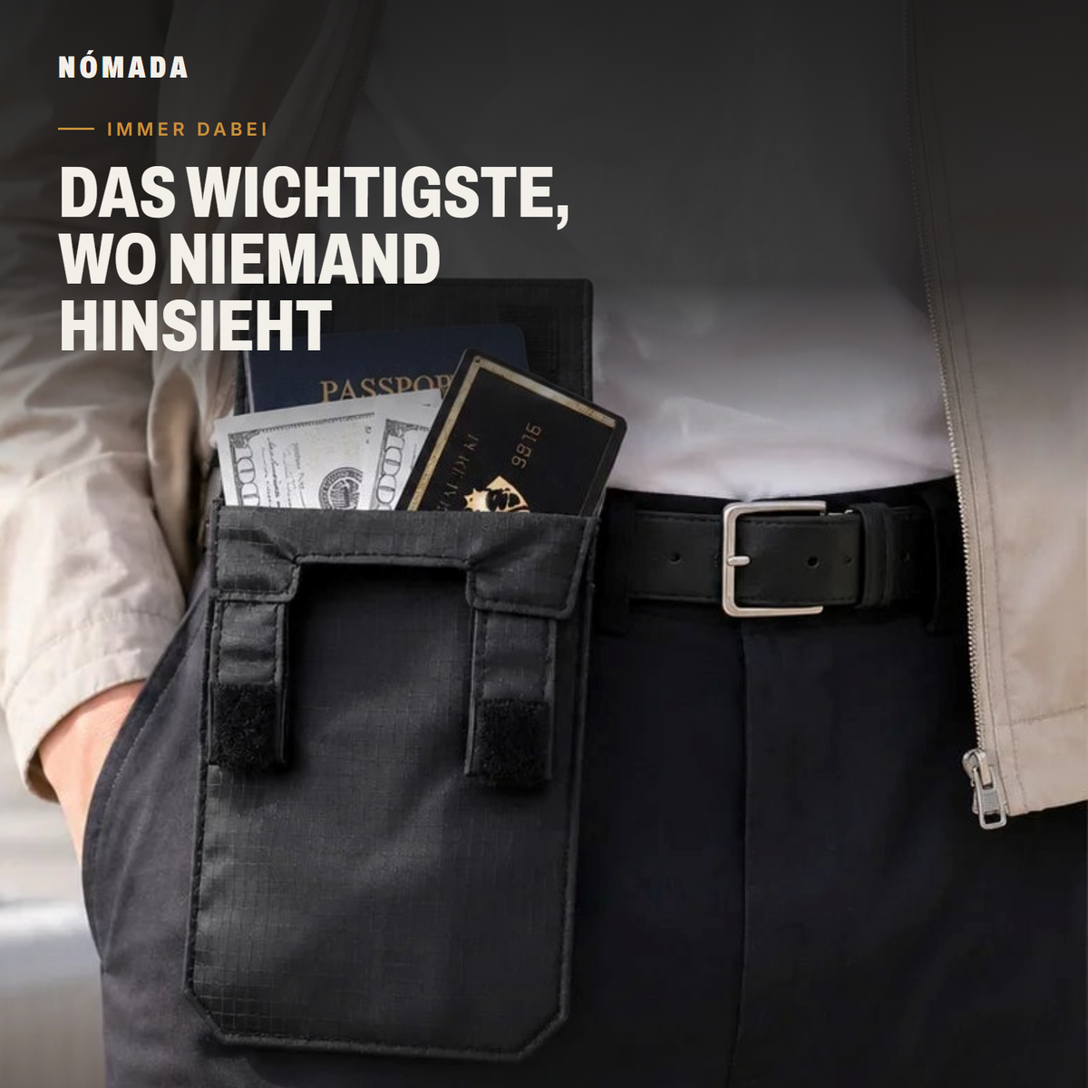 Nómada-Portemonnaie am Gürtel mit Reisepass, Geldscheinen und Karte